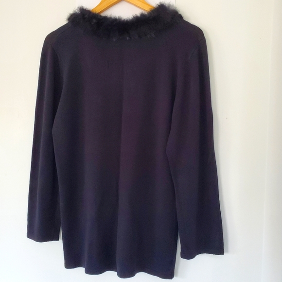 DRESS BARN Sz XL Black Rayon Knit Sweater Black Faux Fur Collar Mobwife Dressy - Picture 11 of 14